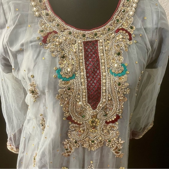Handmade Beaded Embroidered Dress Pakistani Indian Bollywood Wear Party wear 3pc - Picture 6 of 7